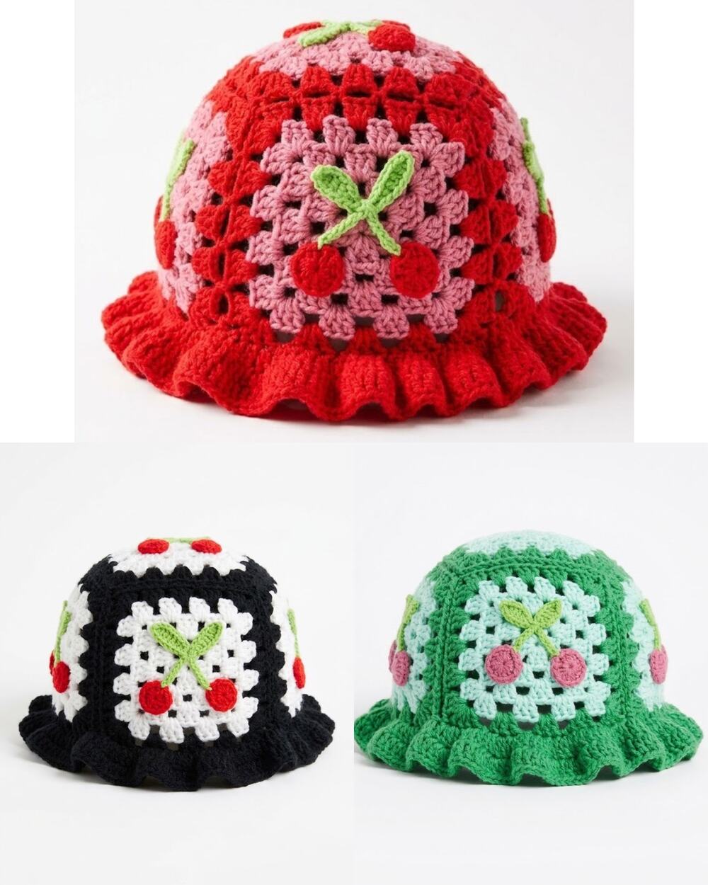 POL Ruby/Green/Black Cherry Crochet Granny Square Bucket Hat NWT